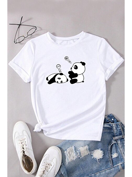 Unisex Uykucu Panda Baskılı Tasarım Tshirt
