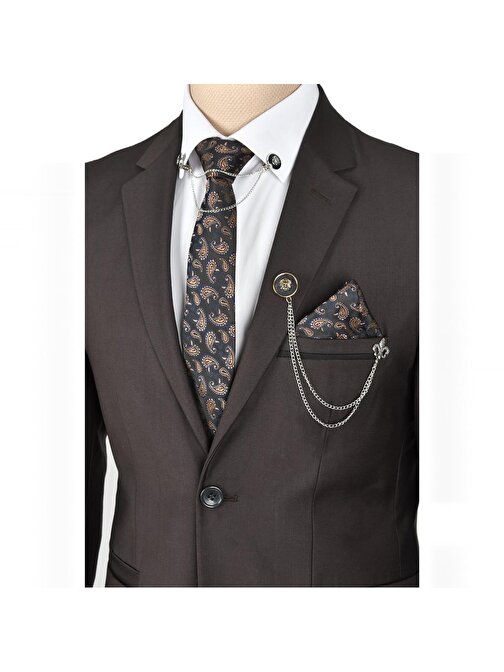 DeepSEA Erkek Kahve Cep Biyeli Çift Düğme Tek Yırtmaç 2li Takım Elbise 2300464