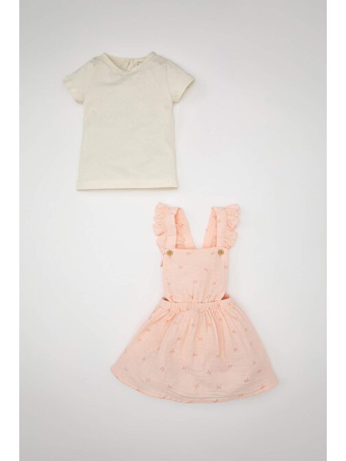 Kız Bebek Kısa Kollu Tişört Müslin Çiçekli Elbise 2li Takım C5099A524SM
