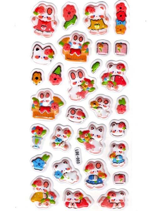 Sticker Kabartmalı Stiker Defter Planlayıcı Etiket (Lde003)-19x9cm - Çiçekli Tavşan Kedi