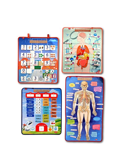 4 Set - 151 Parça  İskelet , İç Organlar Sistemi , Takvim ve Rakamları Öğreniyorum Keçe Cırtlı Duvar Panoları , Eğitici Oyuncak