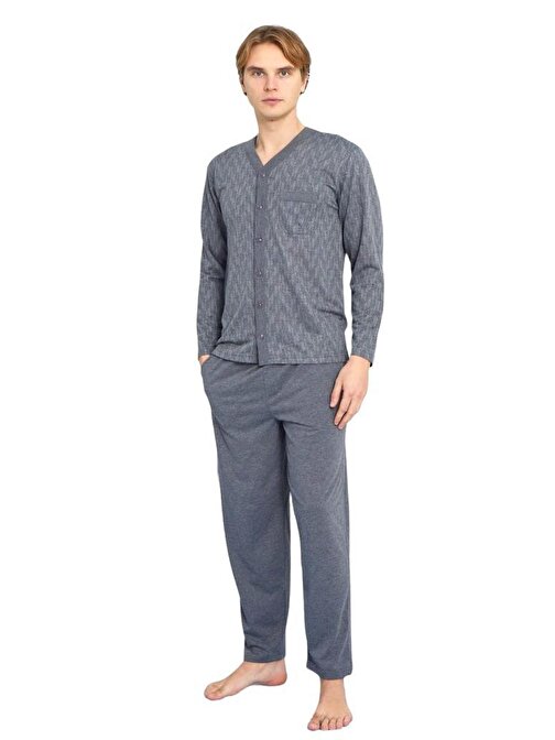 Kly Jakarlı Penye Önden Düğmeli Gömlek Erkek Pijama Takım