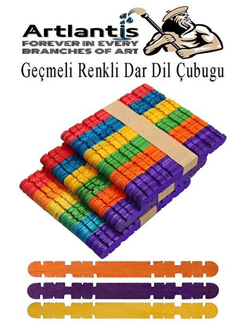 Renkli Geçmeli Dil Çubuğu Dar 150 li 1 Paket Çentikli Tırtıklı Geçirmeli Eklemeli Renkli  Dondurma Çubuğu Kesik Uçlu Ahşap Çubuk