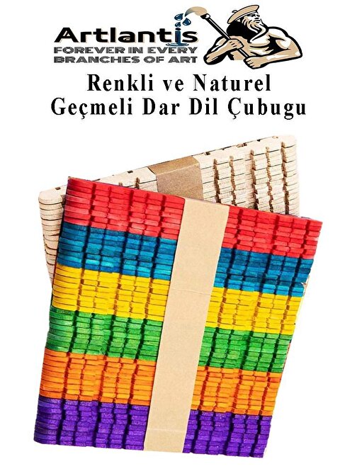 Renkli Naturel Geçmeli Dil Çubuğu Dar 100 lü 1 Paket Çentikli Tırtıklı Geçirmeli Eklemeli Dondurma Çubuğu Kesik Uçlu Ahşap Çubuk