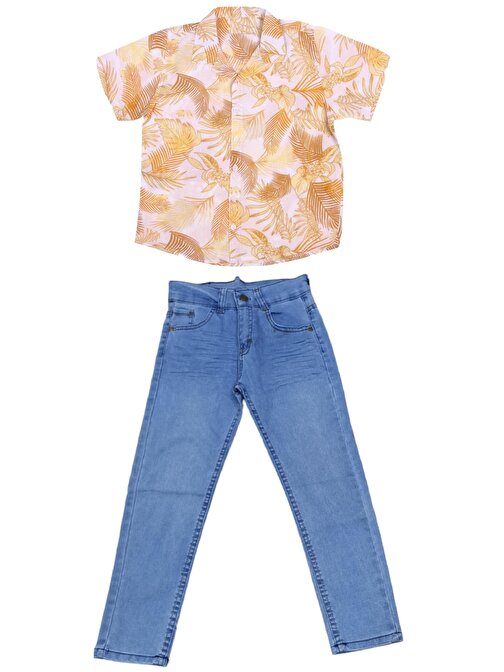 Erkek Çocuk Sarı Yaprak Desenli Kısa Kol Gömlek Mavi Renk Krinkıl Model Kot Pantolon Takımı