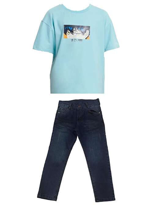 Erkek Çocuk Çift Taraf Anime Desenli Tişört Lacivert Krinkıl Model Kot Pantolon Takımı