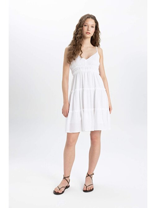 A Kesim V Yaka Askılı Beyaz Kısa Kollu Elbise B9019AX24SM