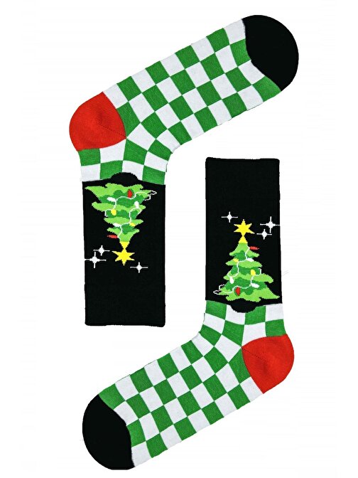 Damalı Christmas Çam Ağacı Desenli Yılbaşı Çorabı