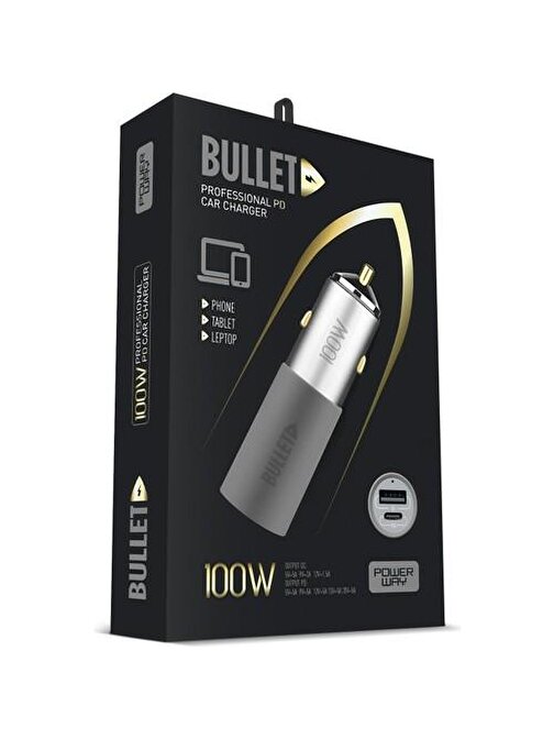 Powerway Bullet 100W Araç Çakmaklık Şarj Cihazı Type-C ve USB Çıkışlı Profesyonel Turbo Hızlı Araç Şarj
