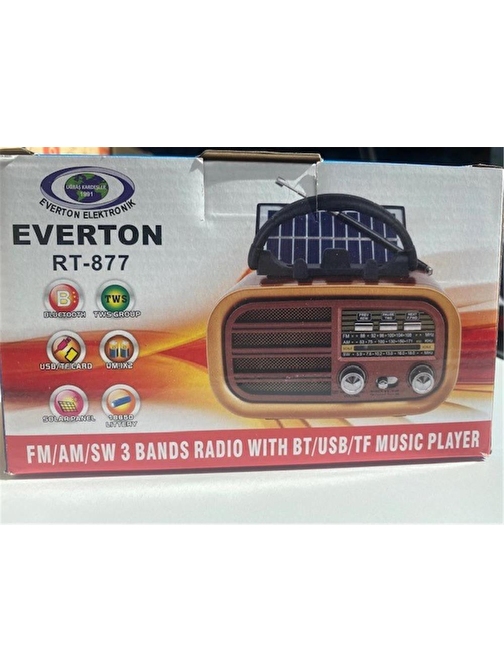 Everton Rt-877 Güneş Enerji Panelli Bluetooth Fm-Usb-Tf-Aux Şarjlı Nostaljik Radyo