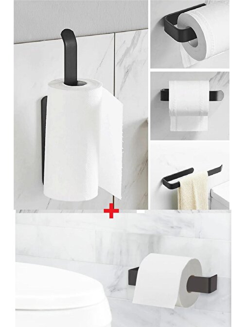 2 Lİ Set Mat Siyah Metal Kağıt Havlu Askısı Ve Tuvalet Kağıtlığı Vida veya Yapıştırmalı  Set