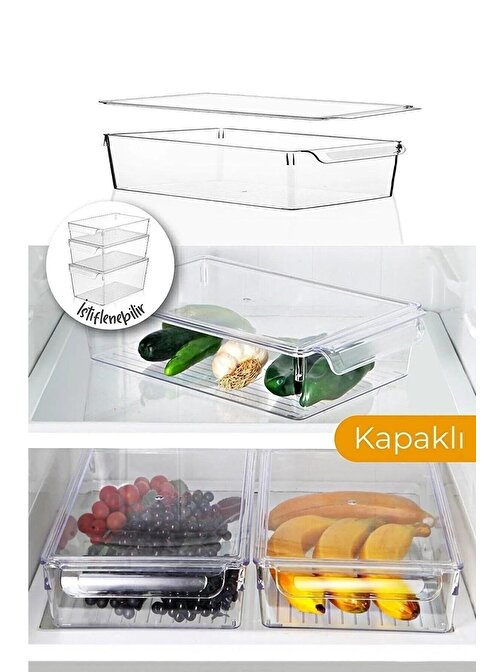 1 Adet Kapaklı Akrilik Buzdolabı Düzenleyici Saklama Meyve Sebze Saklama Kabı ( 32 x20x7 cm)