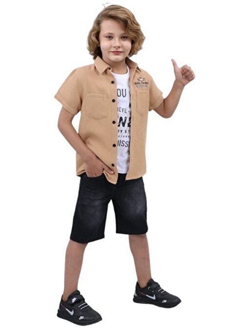 Erkek Çocuk Keten Gömlekli Tişört Şortlu Açık Kahverengi Renk Üçlü Takım