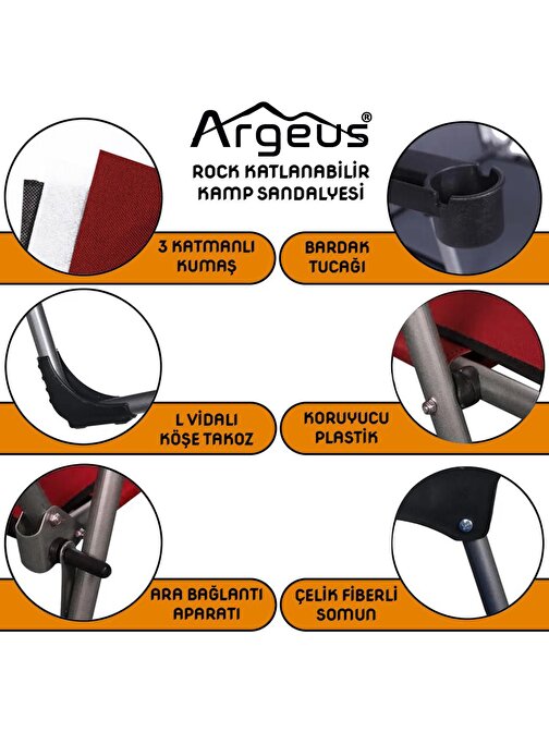 Argeus Rock 2'li Bardaklı Katlanabilir Sandalye ve Masa Seti - Portakal (A-11)