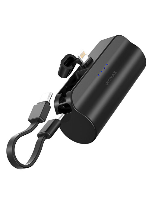 iPhone Lightning Soketli Mini Powerbank 5000mAh Type-C Dahili Kablolu Taşınabilir Şarj Cihazı Siyah
