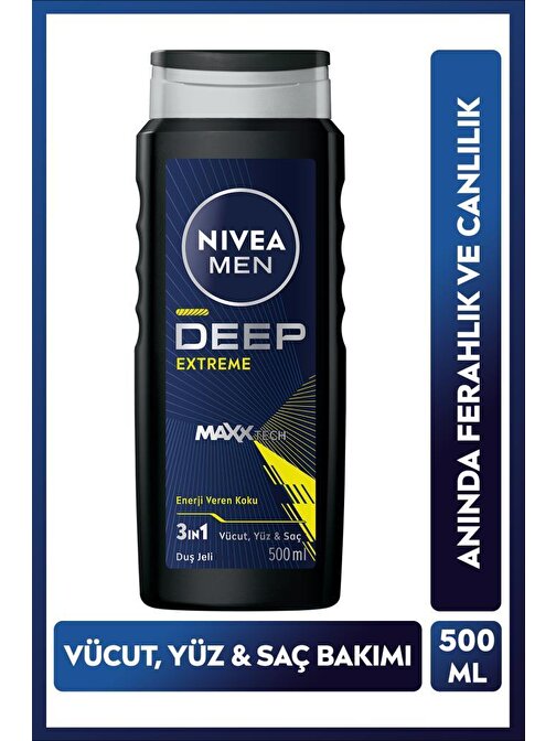 Nivea MEN Erkek Deep Extreme Duş Jeli 500ml, 3'ü 1 Arada Komple Bakım, Vücut, Saç ve Yüz Için, Ferahlık