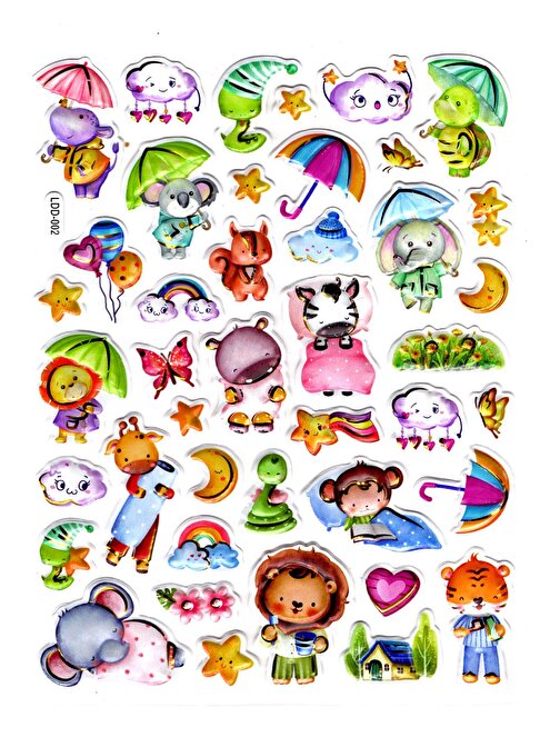 Sticker Kabartmalı Stiker Defter Planlayıcı Etiket (Ldd002)-24x19cm - Şemsiyeli Hayvanlar