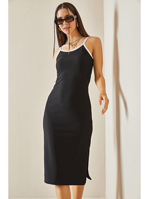 Siyah Biyeli & İnce Askılı Maxi Elbise 5YXK6-48626-02 | S