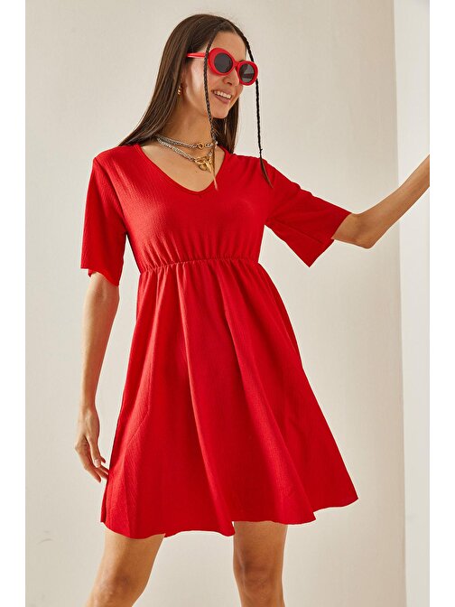 Kırmızı V Yaka Volanlı Elbise 5YXK6-48613-04 | S