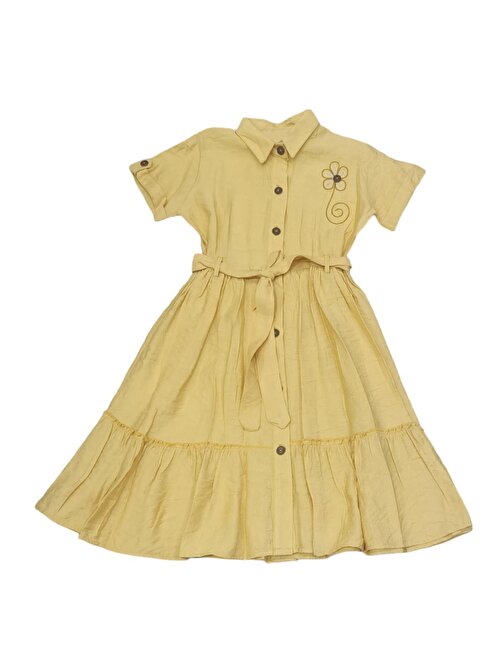 Kız Çocuk Midi Boy (Diz altı) Üzeri Çiçek Nakışlı Beli Kuşaklı Düğme Kapamalı Sarı Renk Elbise