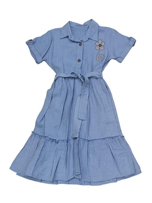 Kız Çocuk Midi Boy (Diz altı) Üzeri Çiçek Nakışlı Beli Kuşaklı Düğme Kapamalı Açık Mavi Renk Elbise