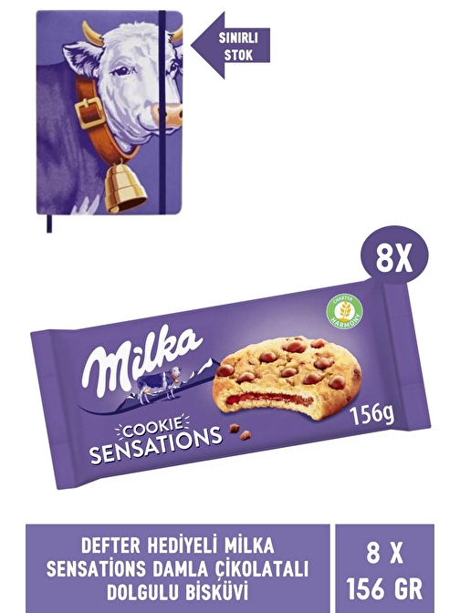 Defter Hediyeli Milka Sensations Damla Çikolatalı ve Dolgulu Bisküvi 156 gr - 8 Adet