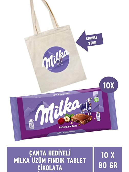 Çanta Hediyeli Milka Üzüm Fındık Tablet Çikolata 80 gr - 10 Adet