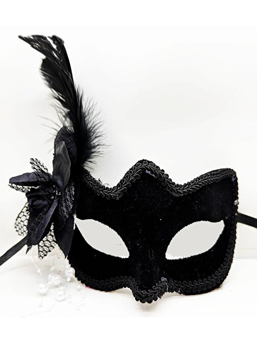 Himarry Siyah Renk Yandan Tüylü Beyaz İncili Süet Kaplama A Kalite Lüks Parti Maskesi 20x23 cm