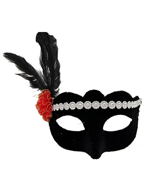 Himarry Siyah Renk Süet Kaplama Gümüş Dantelli Kırmızı Gül Tasarımlı Parti Maskesi 18x20 cm