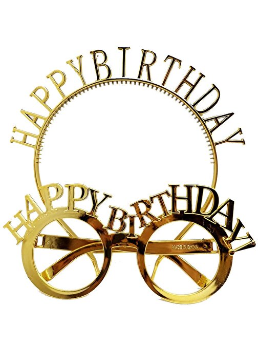 Himarry Happy Birthday Yazılı Taç ve Happy Birthday Yazılı Gözlük Seti Altın Renk