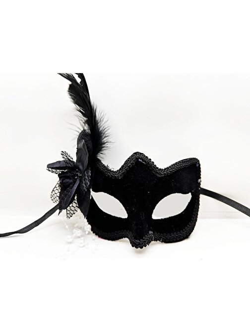 Himarry Siyah Renk Yandan Tüylü Beyaz İncili Süet Kaplama A Kalite Lüks Parti Maskesi 20x23 cm