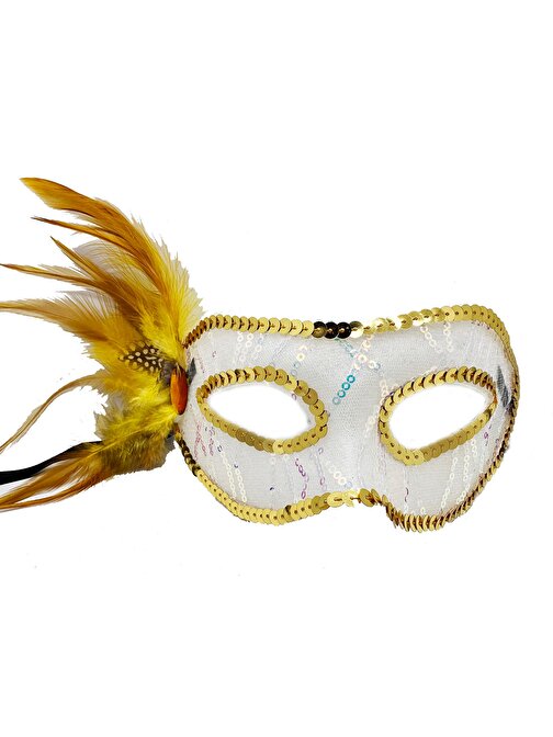 Himarry Altın Renk Yandan Tüylü Pul Payet İşlemeli Parti Maskesi 23x12 cm