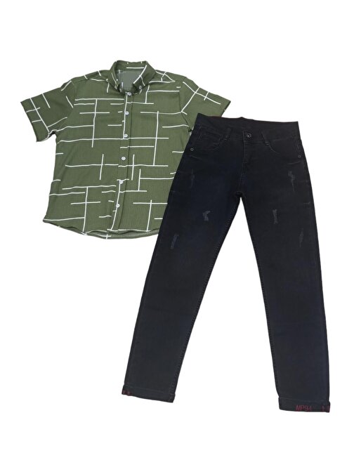 Erkek Çocuk Çizgi Desenli Bürümcük Kumaş Likralı Yeşil Renk Gömlek Siyah Renk Kot Pantolon Takımı