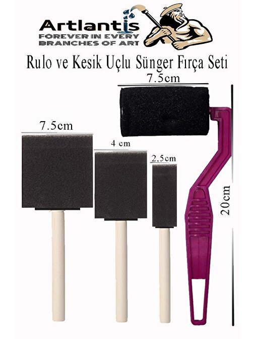 Rulo ve Kesik Uçlu 4 lü Sünger Fırça Seti 1 Paket Akrilik Boya Yağlı Boya Guaj Boya Sulu Boya Sanatsal