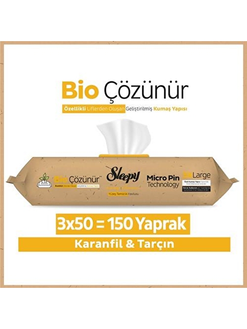 Sleepy Easy Clean Bio Çözünür Karanfil ve Tarçın Yüzey Temizlik Havlusu 3X50 (150 Yaprak)