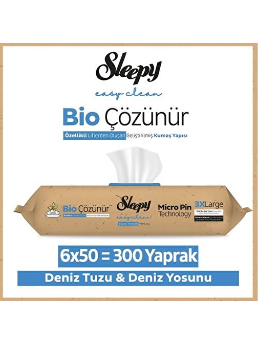 Sleepy Easy Clean Bio Çözünür Deniz Tuzu ve Deniz Yosunu Yüzey Temizlik Havlusu 6X50 (300 Yaprak)