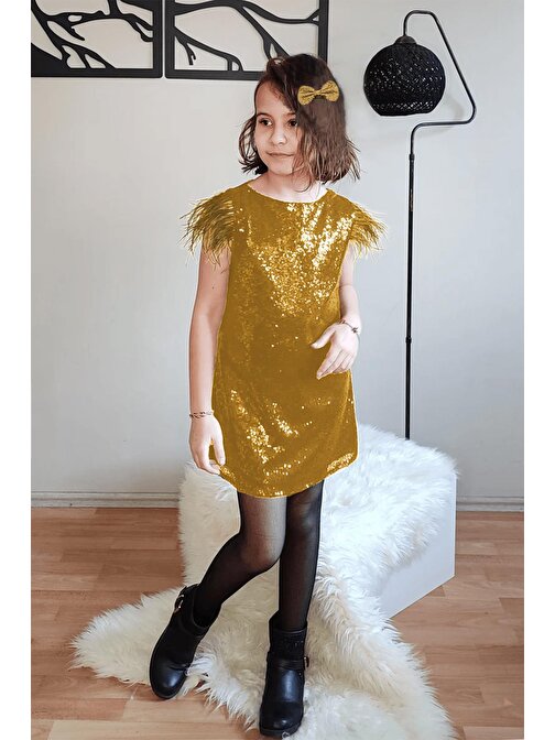 Kolu Tüylü Payetli Kız Çocuk Abiye - Nostalji Kostüm Nostalji Elbisesi Mezuniyet Çocuk Elbisesi