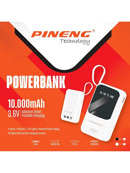 Pineng 10.000 mAh 4 Kablolu Ledli Powerbank PN-560