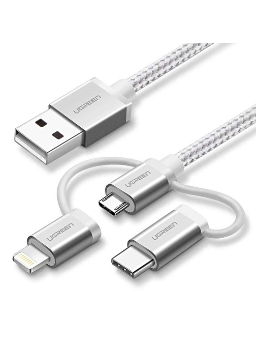 UGREEN 3'ü 1 Arada Örgülü iPhone Lightning Type-C Micro USB Şarj Kablosu 1.5 Metre