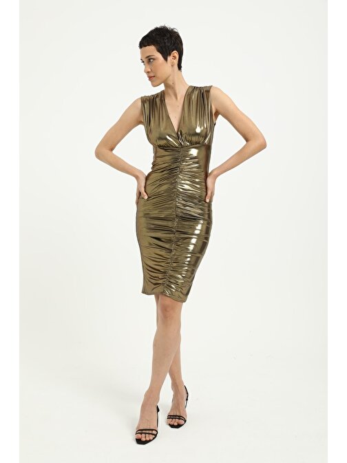 Metalik Gold Drapeli V Yaka Kadın Midi Boy Elbise