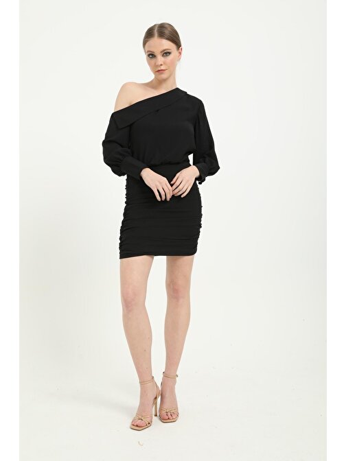 Siyah Tek Omuz Kadın Etegi Drapeli Mini  Elbise