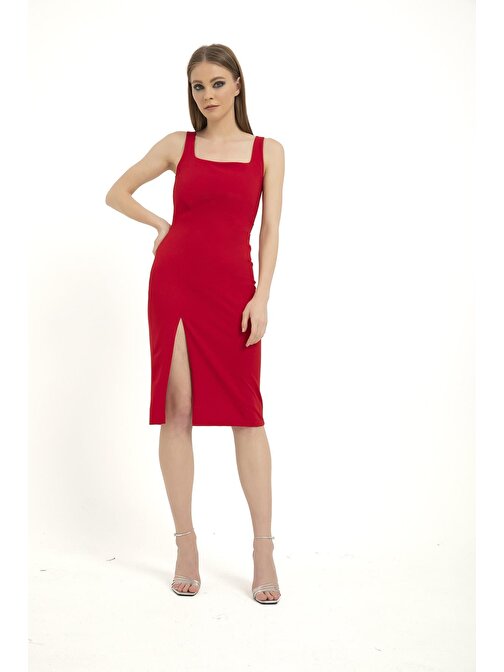 Kırmızı Drapeli Kare Yaka Kadın Midi Boy Elbise