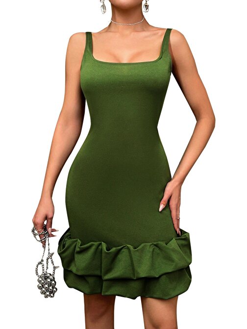  Koyu Yeşil Etek Ucu Fırfırlı Askılı Elbise
