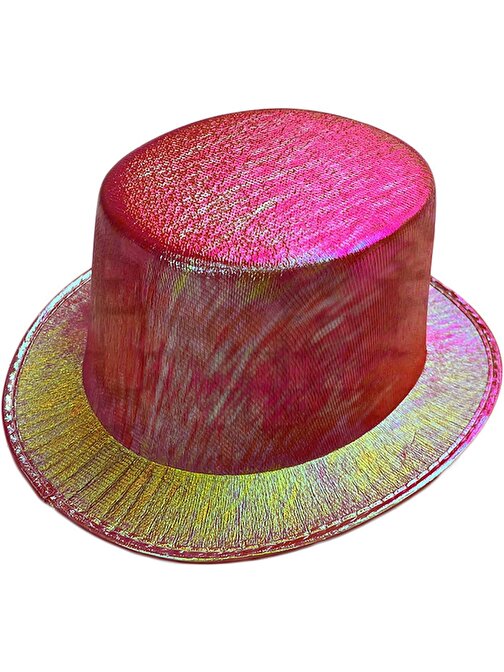 Himarry Kırmızı Renk Işıltılı Hologram Kumaş Kaplama Fötr Silindir Şapka Yetişkin Boy