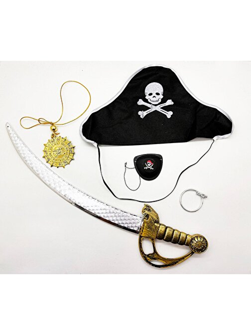 Himarry Kaptan Korsan Şapkası Kılıcı Göz Bandı Küpe ve Korsan Madalyonu 5 Parçalık Kostüm Seti