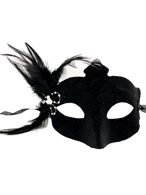 Himarry Siyah Renk Yandan Tüylü Süet Kaplama Beyaz İncili Parti Maskesi 18X15 cm
