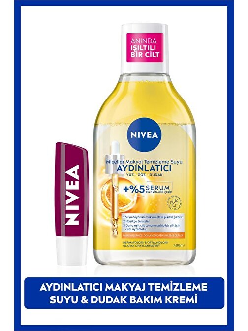 Aydınlatıcı Micellar Makyaj Temizleme Suyu 400ml ve Nemlendirici Böğürtlen Dudak Bakım Kremi 4,8gr