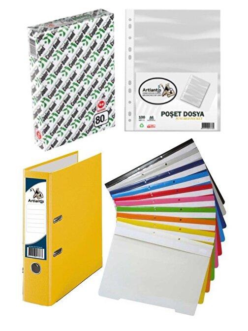 Fotokopi Kağıdı Sarı Büro Klasörü Telli Dosya ve Poşet Dosya Seti 1 Adet Büro Klasörü 10 Renk Telli Dosya 100 Adet Poşet Dosya
