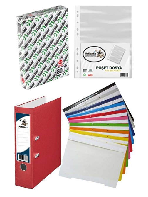 Fotokopi Kağıdı Kırmızı Büro Klasörü Telli Dosya ve Poşet Dosya Seti 1 Adet Büro Klasörü 10 Renk Telli Dosya 100 Adet Poşet Dosya