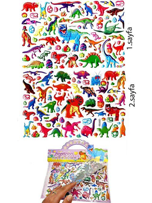 Sticker Kabartmalı Çantalı iki Sayfalı Sticker Seti (SW-022) - 24x15 cm - Vahşi Dinazorlar